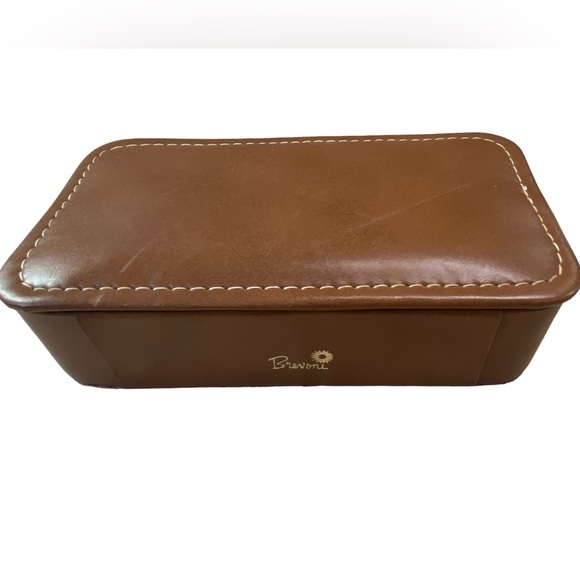 Vintage Leather Brown Brevoni Mid Century Men’s Cufflinks Tie Bars Jewelry Box - Picture 3 of 12